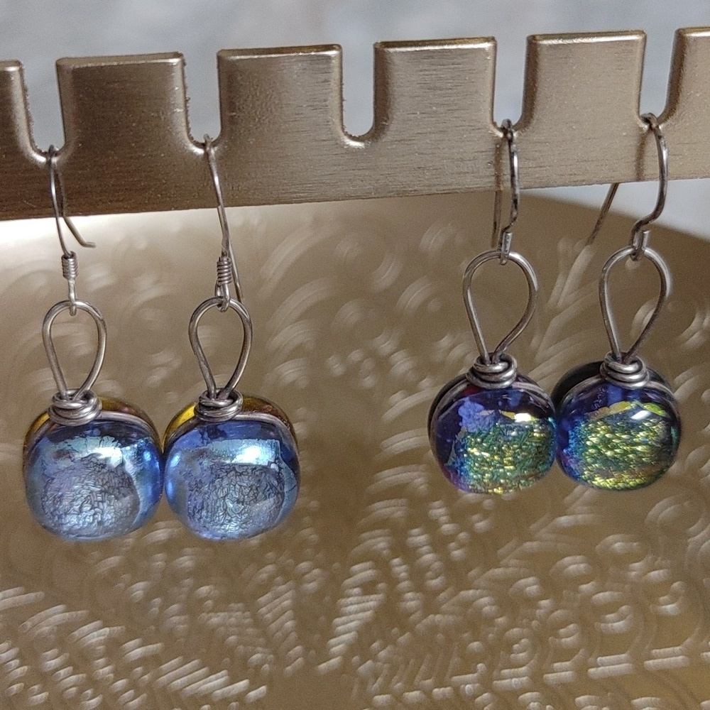 Round Dichroic Glass Sterling Wrapped Earrings